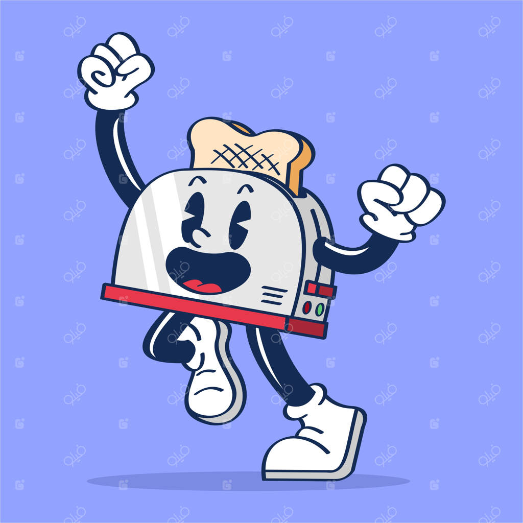 کارتون یک توستر که با چهره خوشحال می‌پرد و می‌گوید "هورا" - تصویرسازی دستی وکتور