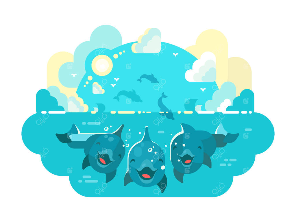 دلفین‌های شاد در حال شنا و پرش در دریا یا اقیانوس - تصویر وکتور