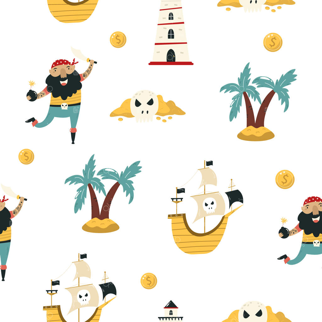 الگوی بدون درز وکتور با کشتی دزدان دریایی، جمجمه و گنجینه‌ها و نخل‌ها