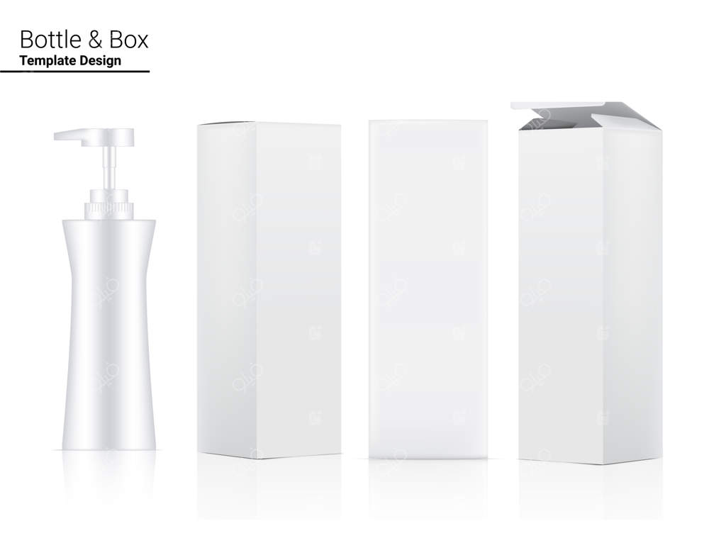 تصویر واقع‌گرایانه بطری پمپ براق و جعبه سه‌بعدی برای محصولات روشن‌کننده پوست و ضد چروک روی زمینه سفید. مراقبت بهداشتی و پزشکی.