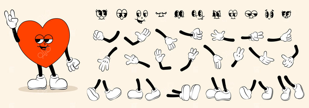 عناصر کاریکاتوری شخصیت‌ها. چهره کارتونی بامزه با احساسات خنده‌دار، شخصیت قدیمی کاریکاتوری با دهان خندان و چشمان شاد. مجموعه‌ای مجزا