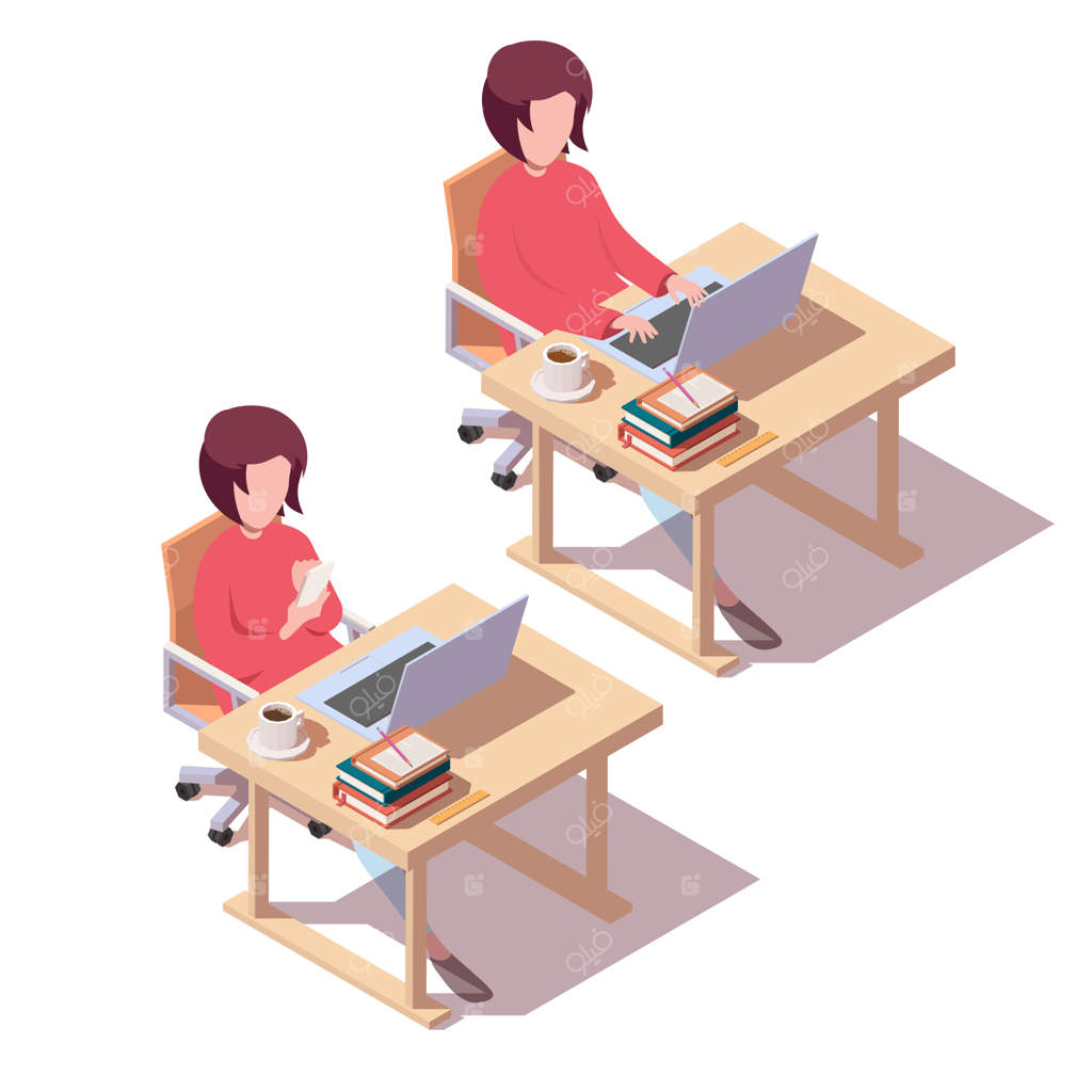 دختری پشت میز نشسته و از لپ‌تاپ و گوشی هوشمند استفاده می‌کند.