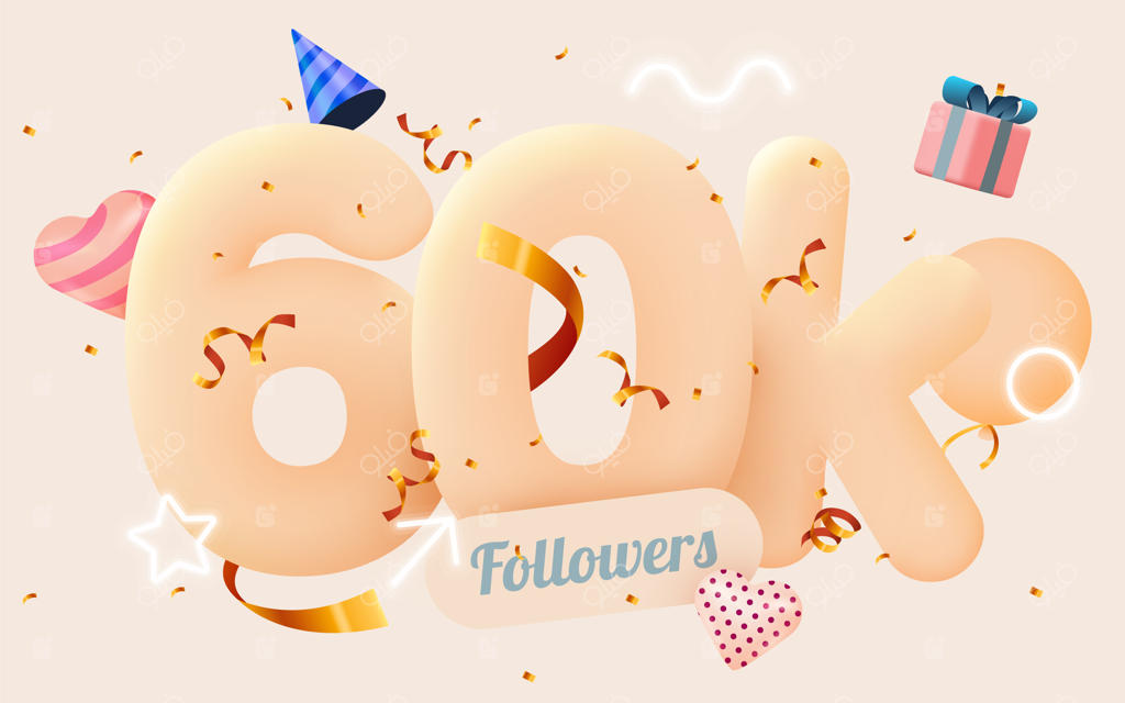 60 هزار فالوور یا 60000 فالوور؛ تشکر با قلب صورتی، کنفتی طلایی و تابلوهای نئونی.