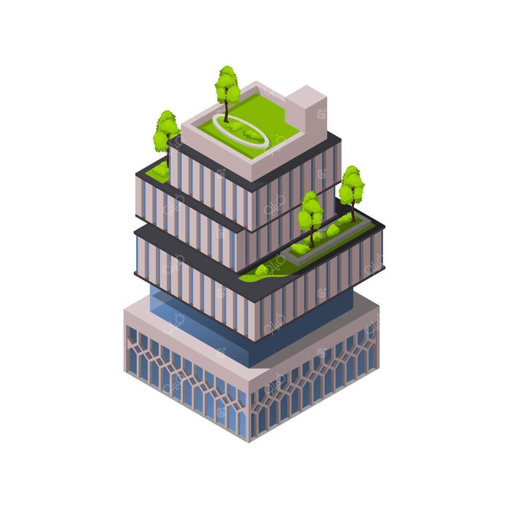 تکنولوژی‌های شهر هوشمند: معماری آینده‌گرا با خانه‌ای و باغی روی پشت‌بام - تصویر برداری ایزومتریک