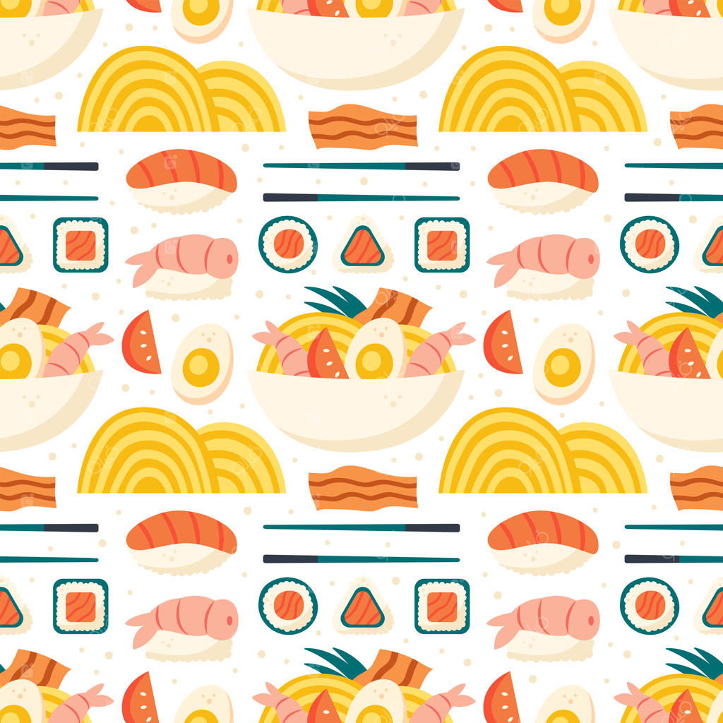 سفارش آنلاین غذاهای آسیایی: سوشی، سالمون، میگو، نوری، رامن، رول، تخم مرغ، بیکن و علف لیمو