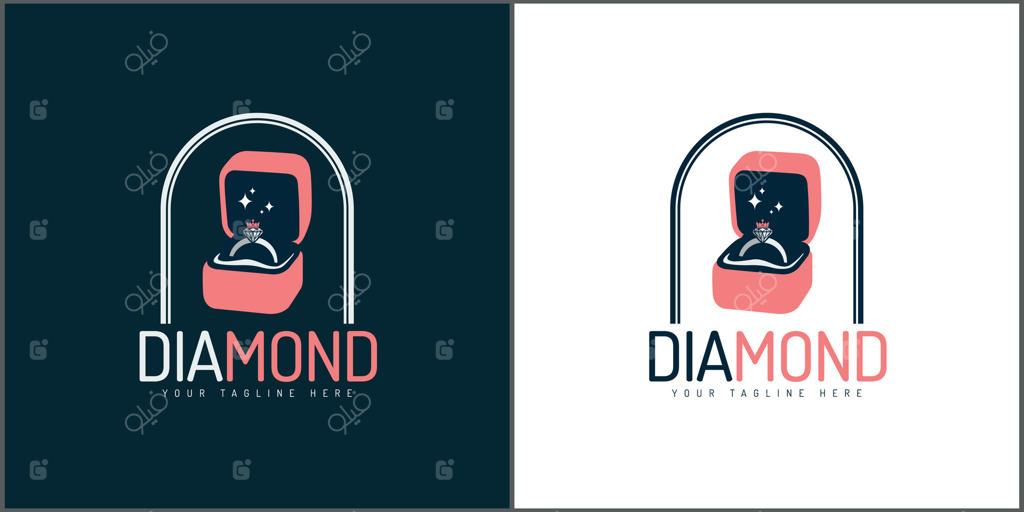 طراحی لوگو مجموعه‌ای شامل جعبه انگشتر الماس، تاج پادشاه و ملکه، موزاییک لوکس و سنگ‌های قیمتی