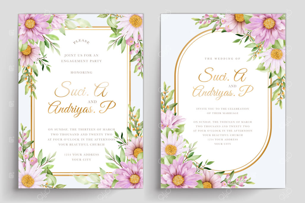 مجموعه کارت دعوت عروسی با طرح گل داوودی آبرنگی