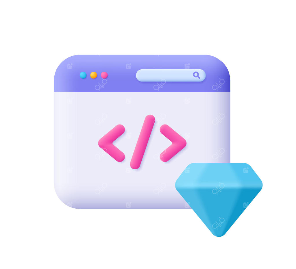 کد تمیز: صفحه وب با کد و الماس. مفاهیم سئو، برنامه‌نویسی و کدنویسی. آیکون سه‌بعدی به سبک کارتونی ساده.