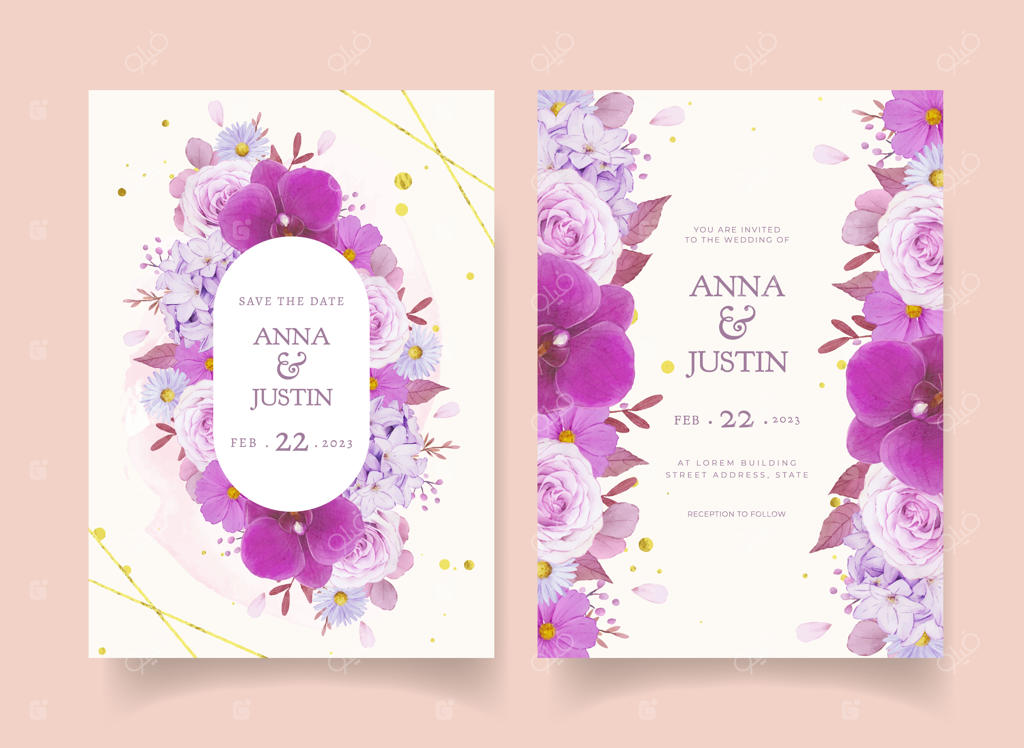 دعوتنامه عروسی با طرح گل رز بنفش و ارکیده با آبرنگ