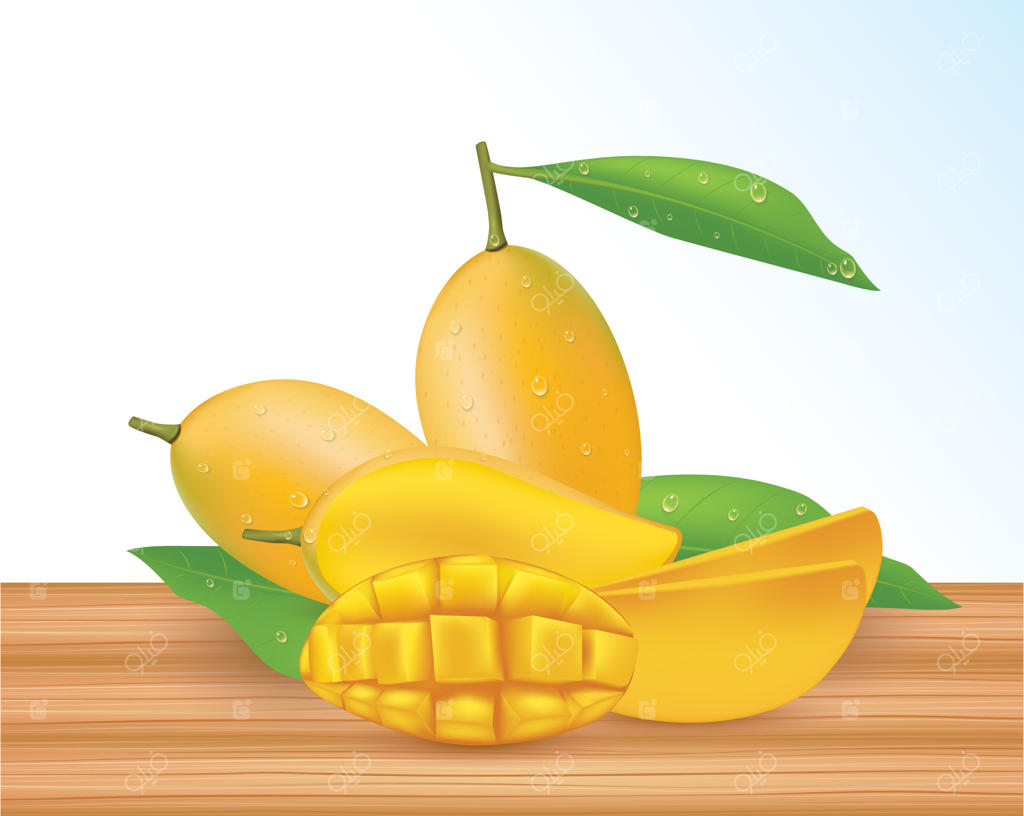 انبه زرد کامل با برگ‌های نصفه در پس‌زمینه سفید