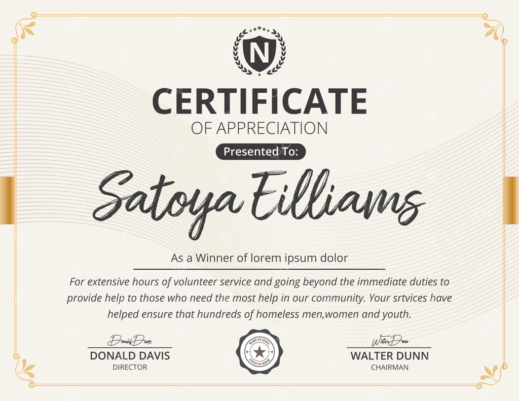 گواهی تقدیر برای خدمات داوطلبانه ساتویا ویلیامز