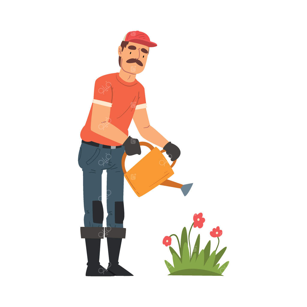 تصویر مرد باغبان در حال آب دادن به گل‌ها، شخصیت کشاورز در حال کار در باغ یا مزرعه