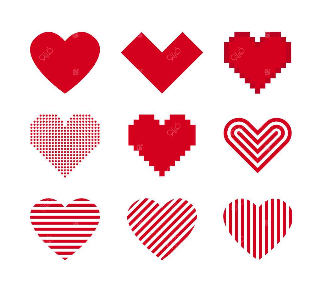 آیکون‌های قلب قرمز. مجموعه وکتور ایزوله (بدون پس‌زمینه) قلب. المان‌های نماد عشق. وکتور استوک. فرمت Eps 10