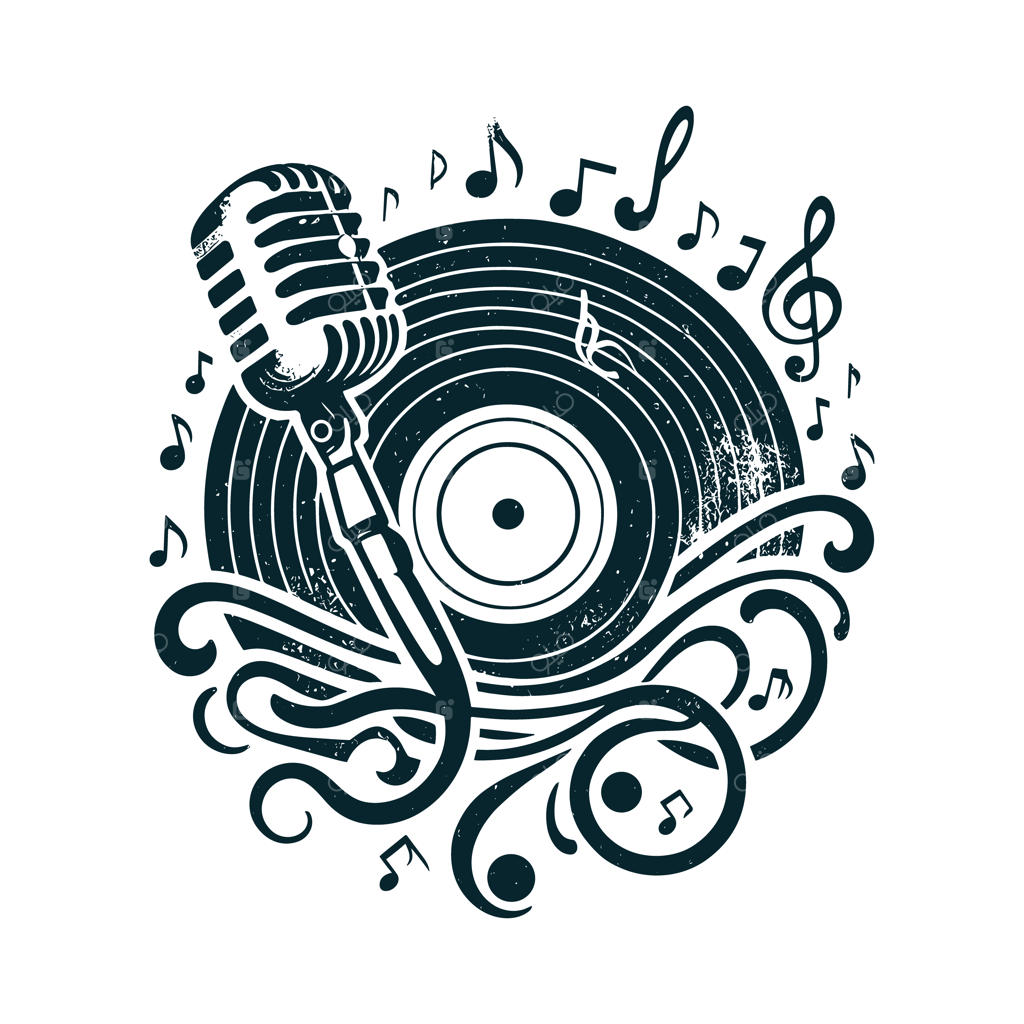 طراحی سیاه و سفید میکروفون و موسیقی