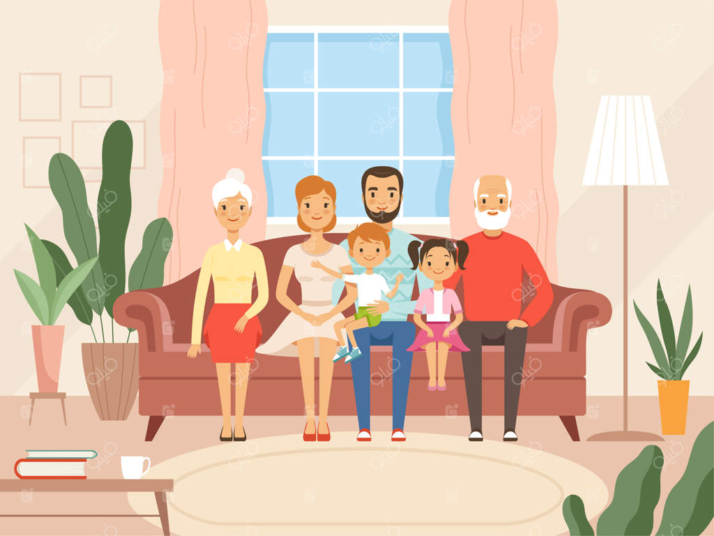 خانواده بزرگ. مادر، پدر، بچه‌ها و پدربزرگ و مادربزرگ با چهره‌های خندان در اتاق نشیمن. تصویر کارتونی وکتور. خانواده خوشحال روی مبل نشسته، تصویر پدربزرگ و مادربزرگ