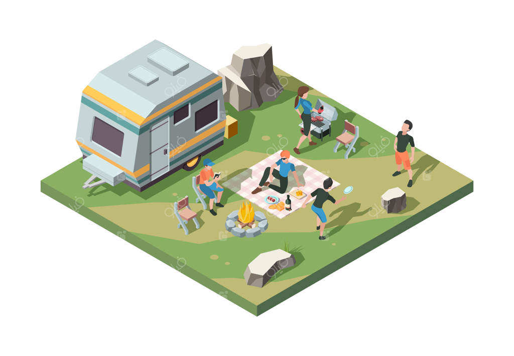 جشن پیک‌نیک در فضای باز با شومینه، کمپ چادری، باربیکیو و ون گردشگری