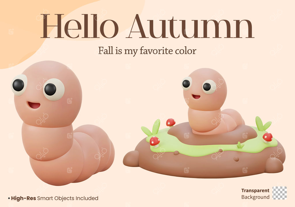 مجموعه تصویرسازی کاراکترهای کرم کارتونی سه بعدی و بامزه، قالب طرح سلام پاییز