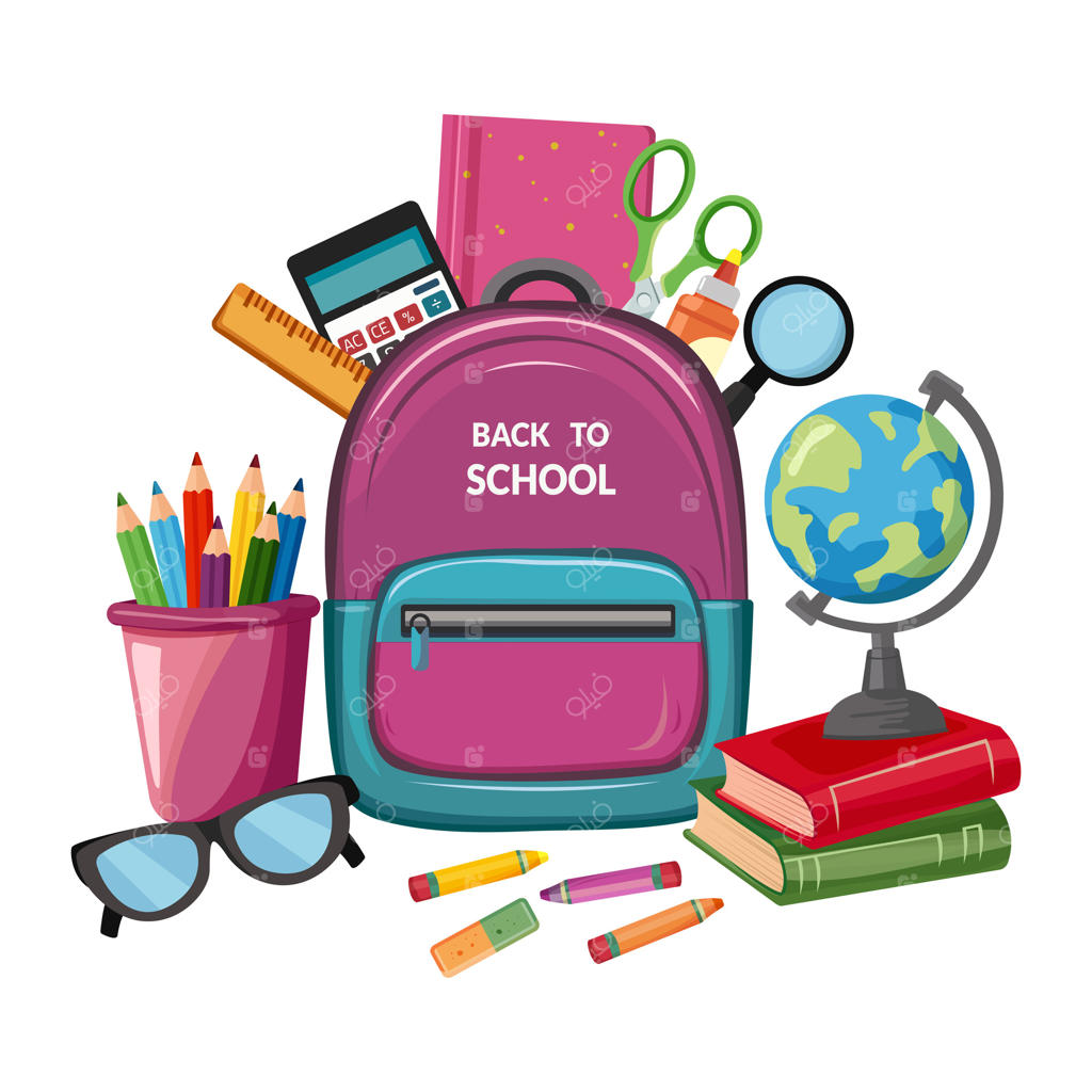 مجموعه‌ای از لوازم التحریر مدرسه: کوله‌پشتی، مدادها، قلم‌موها، رنگ‌ها، خط‌کش، قیچی، کتاب‌های درسی، عینک، ماشین‌حساب، کتاب‌ها، چسب، کره‌ی جغرافیایی، پاک‌کن. لوازم التحریر بامزه برای کودکان. بازگشت به مدرسه. تصویرسازی ساده.