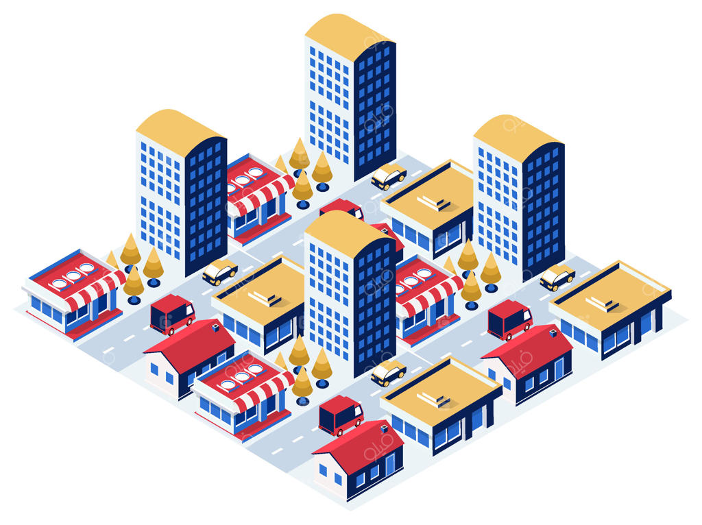 وکتور حرفه‌ای چشم‌انداز شهری پویا با فروشگاه‌ها و ساختمان‌های بلند