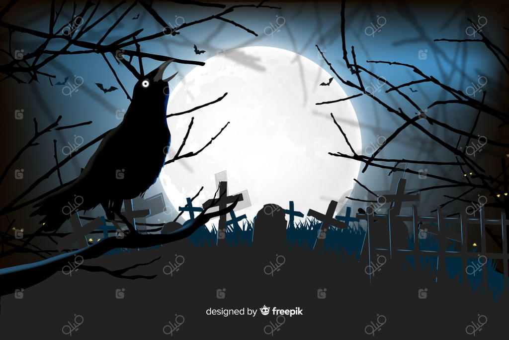 کلاغ در قبرستان با پس‌زمینه‌ای از هالووین