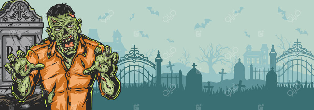 قالب بنر افقی هالووین با زامبی ترسناک در قبرستان