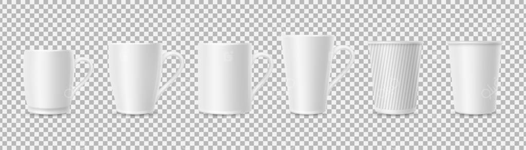 فنجان‌های سفید: فنجان واقع‌گرایانه سه‌بعدی بر روی پس‌زمینه شفاف.