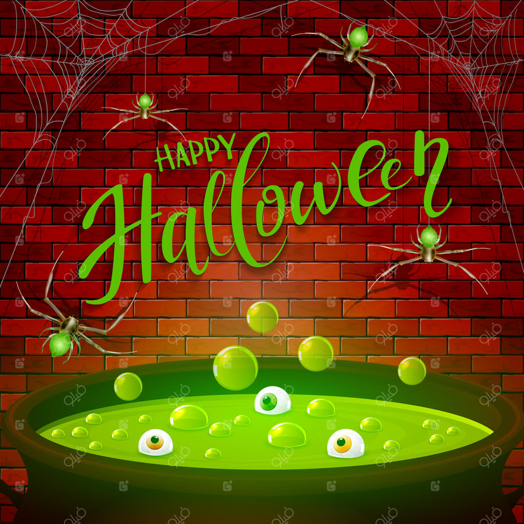 دیوار آجری و دیگ جادویی هالووین با معجون سبز و عنکبوت‌ها