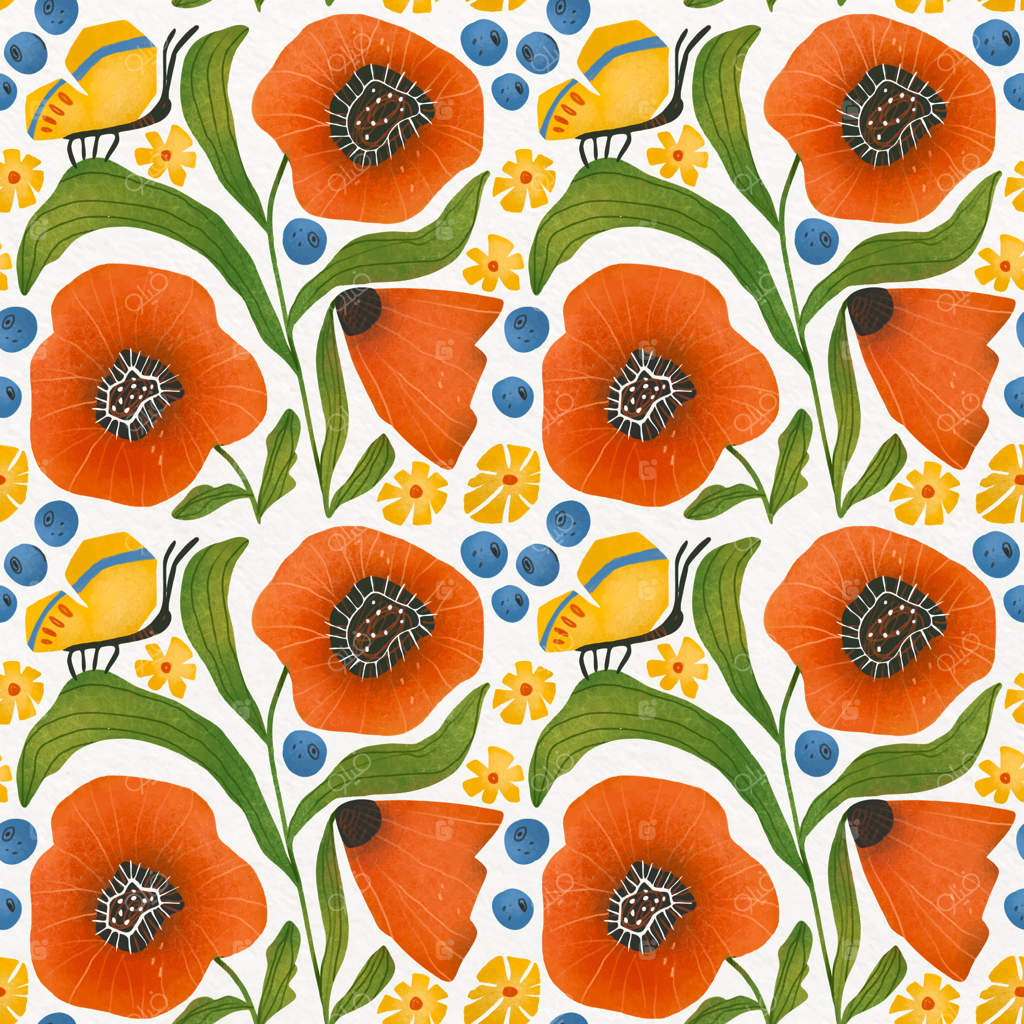 پترن بی‌وقفه از گل‌های شقایق نارنجی، پروانه‌ها و شاخ و برگ‌ها