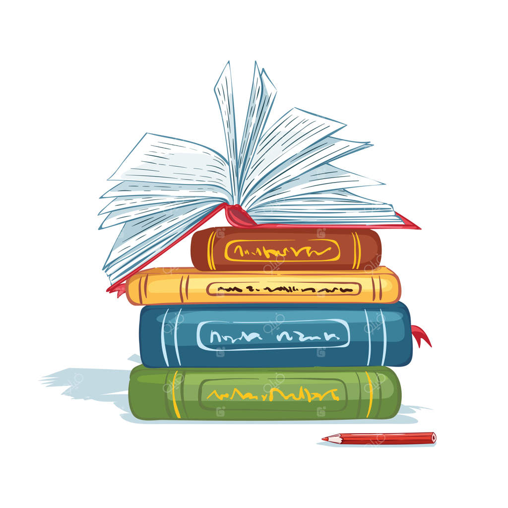 یک دسته کتاب، یک کتاب باز و یک مداد. لوازم‌التحریر مدرسه.