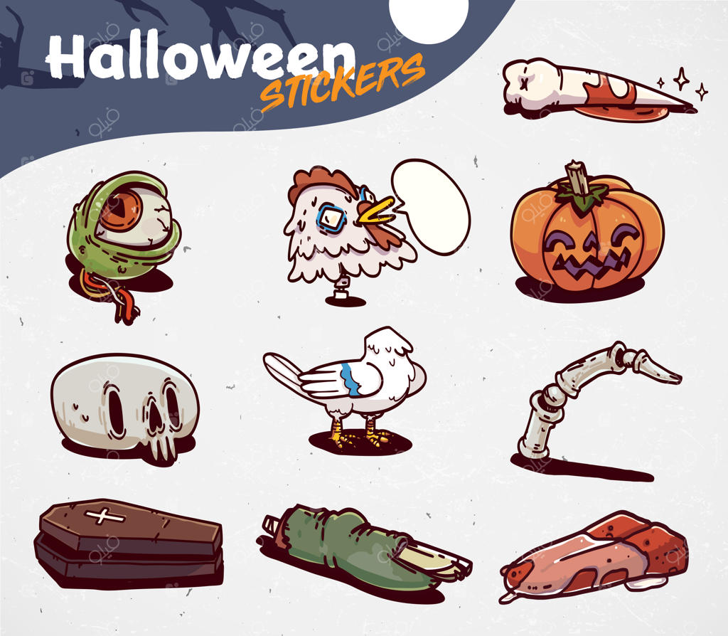 مجموعه آیکون‌های ترسناک کارتونی هالووین. مجموعه برچسب‌ها. تصویرسازی وکتور.