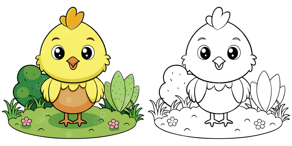 صفحه رنگ‌آمیزی برای کودکان: جوجه‌های بامزه در باغچه. طرح کارتونی جوجه در باغچه. نقاشی کارتونی حیوانات.