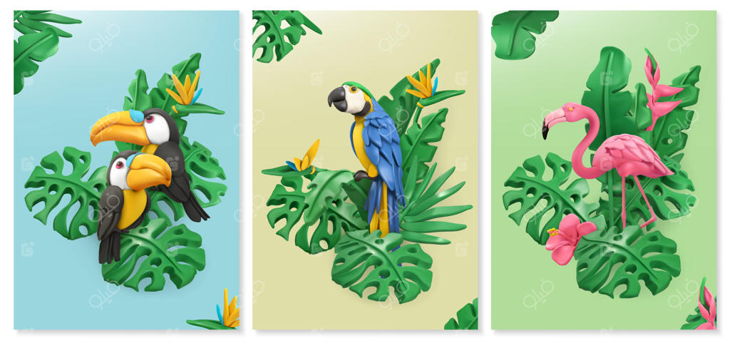 پرندگان عجیب و غریب و برگ‌های گرمسیری: توکان، طوطی و فلامینگو.