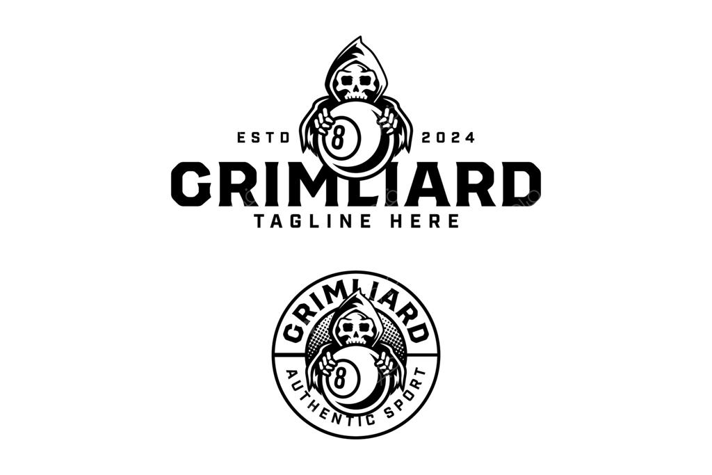 طراحی لوگوی توپ بیلیارد شماره ۸ با طرح خطوط اسکلت مرگ. مجموعه طراحی لوگوی توپ بیلیارد سیاه با هنر خطی مرگبار. لوگوی تصویرسازی توپ بیلیارد ترسناک برای باشگاه و تورنمنت بیلیارد.