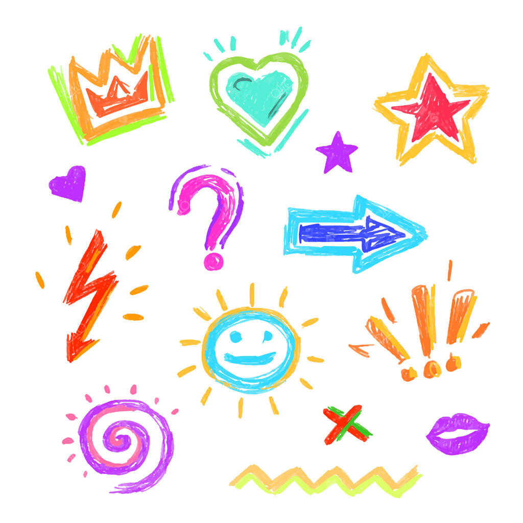 عناصر طراحی مدرن دودل: نقاشی با مداد رنگی. قلب، پیکان، ستاره، لبخند. طراحی و گرافیتی
