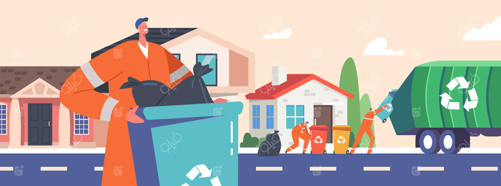 شخصیت نظافتچی ظرفی با نماد بازیافت را برای بارگیری زباله‌درون کامیون خدمات بازیافت شهری حمل می‌کند تا زباله‌ها را جدا کند.