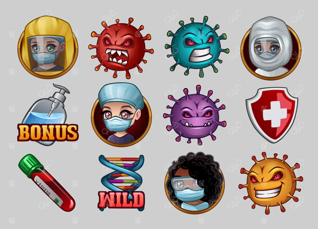 مجموعه آیکون‌ها برای بازی اسلات با موضوع ویروس کرونا