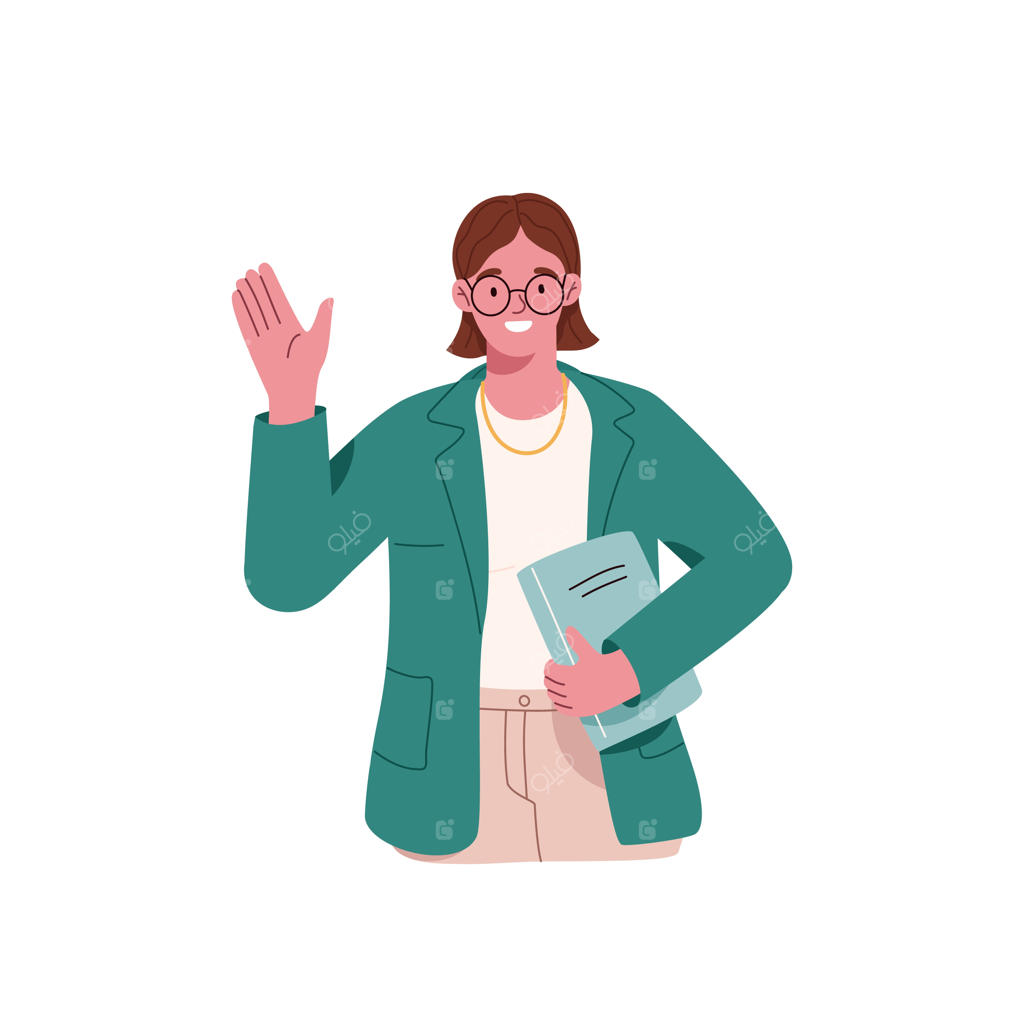 پرتره یک زن خوشحال در حال سلام کردن و دست تکان دادن - معلمی با عینک و کتاب در دست در حال خوشامدگویی و سلام کردن با کف دست - تصویر برداری تخت وکتور در پس زمینه سفید