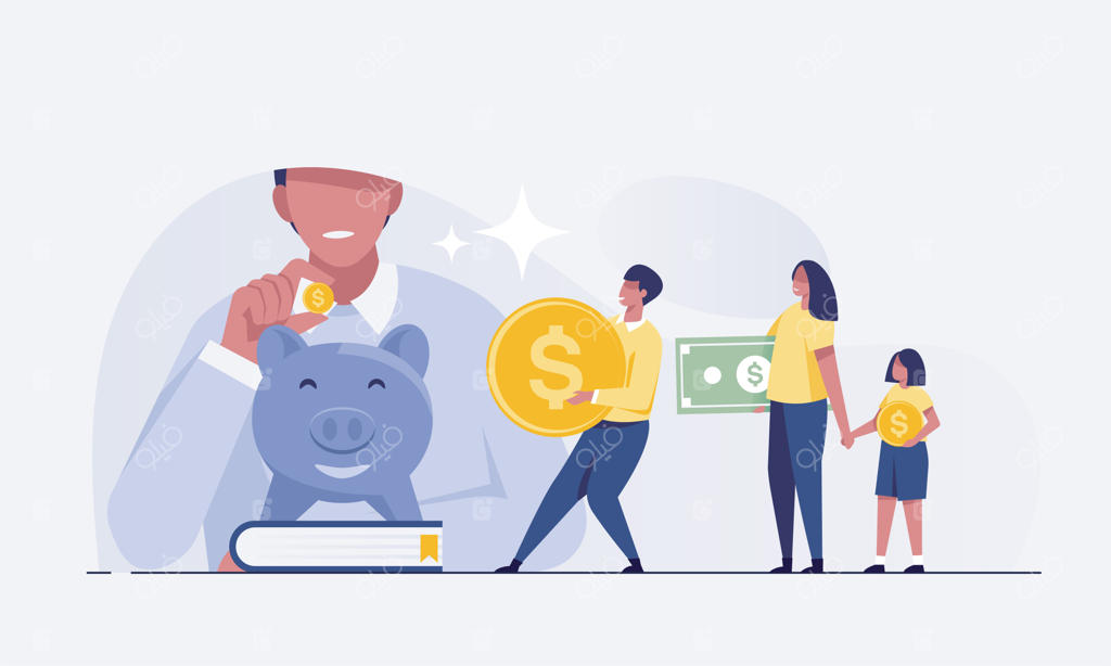 خانواده‌ها با فرزندان پس‌انداز می‌کنند: مفهوم پس‌انداز خانوادگی با قلک.