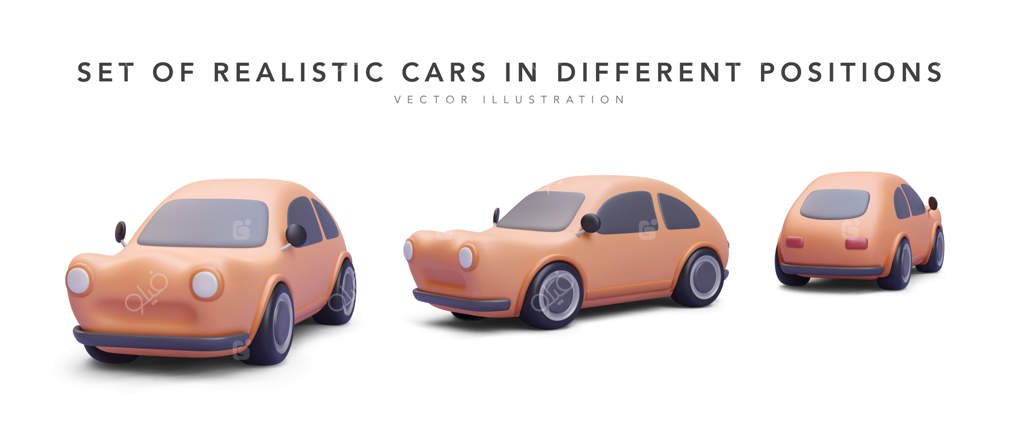 مجموعه‌ای از ماشین‌های واقع‌گرایانه در موقعیت‌های مختلف با سایه روی پس‌زمینه سفید (تصویر وکتور)