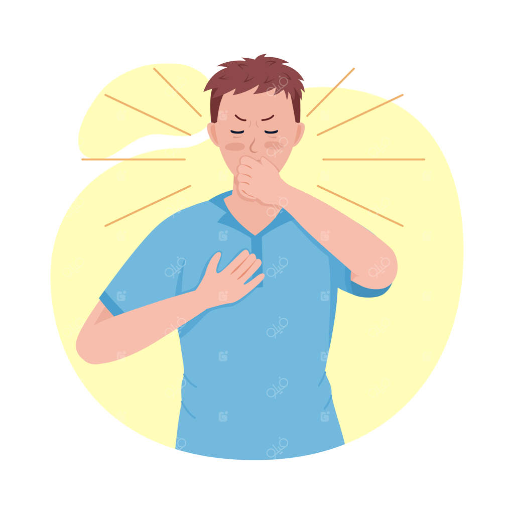 مرد سرفه‌کننده شخصیت وکتور با رنگ نیمه‌تخت فیگور ایستاده شخص تمام‌قد روی زمینه سفید سندرم پساکوید ایزوله سبک مدرن کارتونی برای طراحی گرافیک و انیمیشن