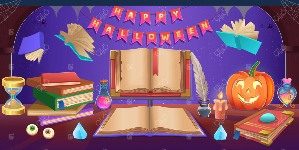 هالووین مبارک! میز هالووینی با دیگ جادو، کدو تنبل، آب‌نبات، کلاه، گوی جادویی، کتاب باز، ساعت شنی، قلم پر و دسته‌ای از کتاب‌ها. پس‌زمینه‌ای برای بازی‌ها و برنامه‌های موبایل.