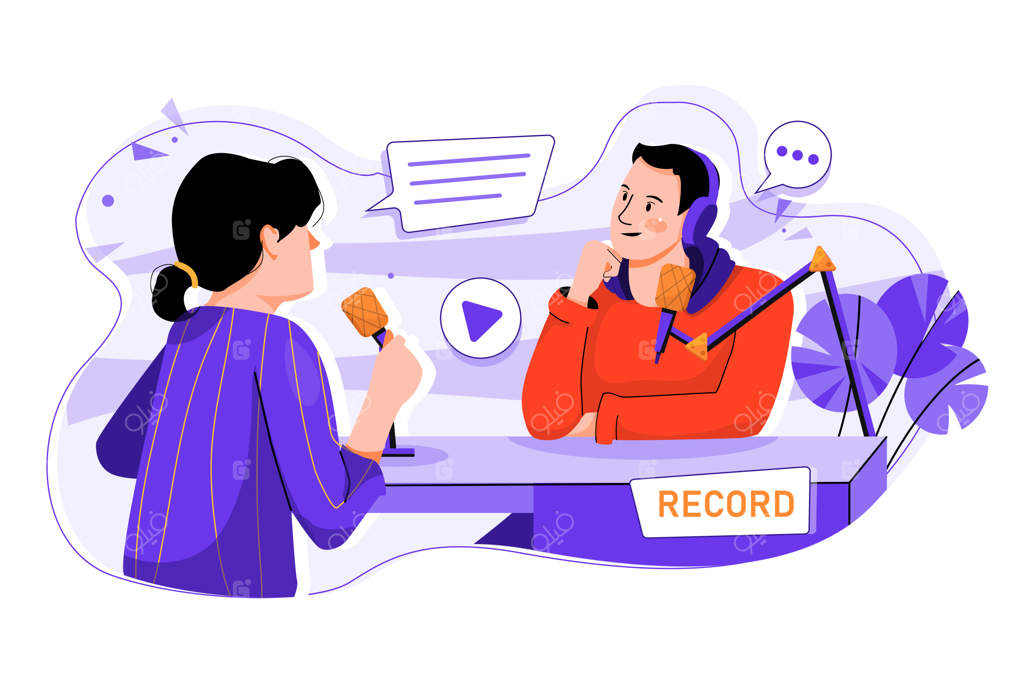 مرد و زن در حال ضبط گفتگو برای پادکست