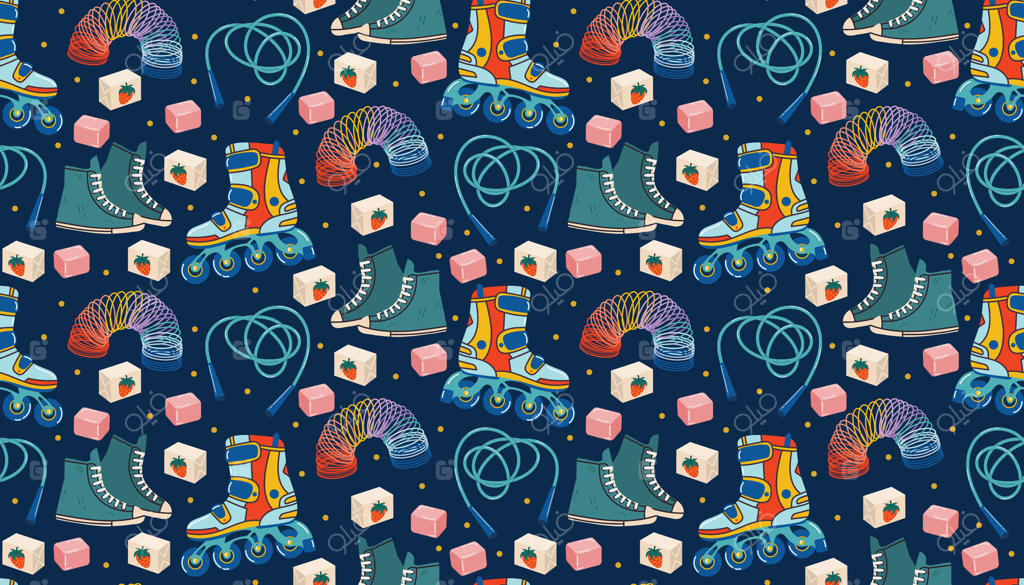 پترن بی‌وقفهٔ دهه ۱۹۹۰ با کفش‌های کتانی، اسکیت‌های چرخ‌دار، آدامس بادکنکی، اسباب‌بازی فنری و طناب بازی در سبک کارتونی. بافت روشن و نوستالژیک ایده‌آل برای پارچه، وسایل کودکان، یا دکوراسیون مهمانی.