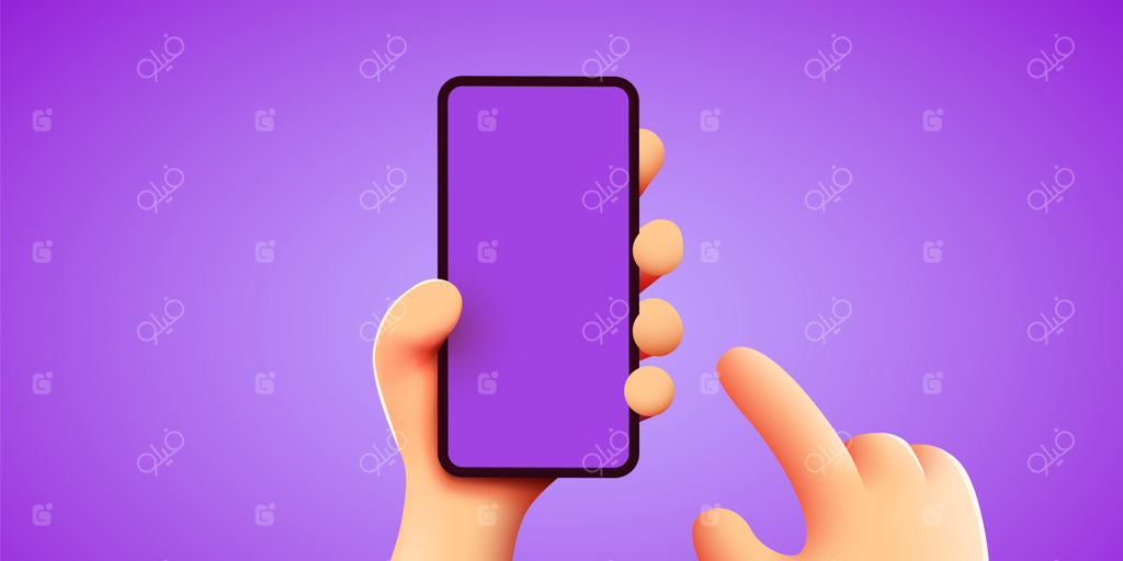 نگه داشتن گوشی با دو دست، موکاپ و قالب قابل ویرایش گوشی هوشمند، لمس صفحه نمایش با انگشت
