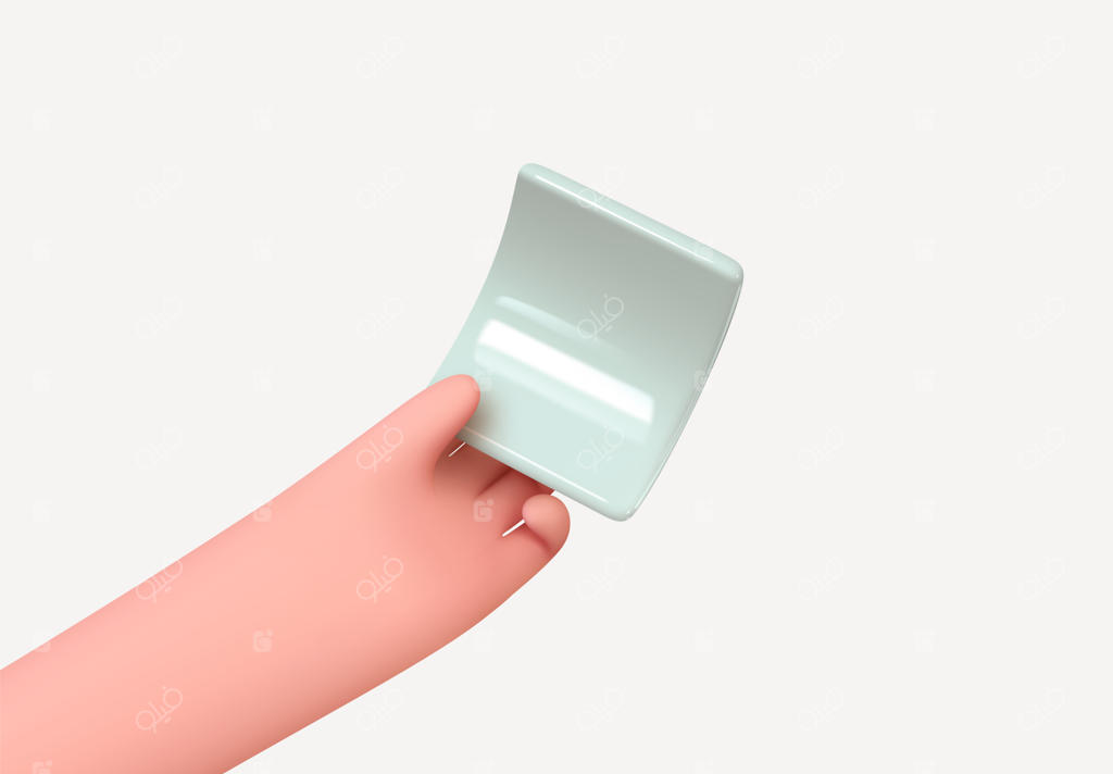 در دستان، کاغذ سفیدی قرار دارد. قالب بلیط خالی برای نوشتن متن. طراحی سه‌بعدی وکتور واقع‌گرایانه.