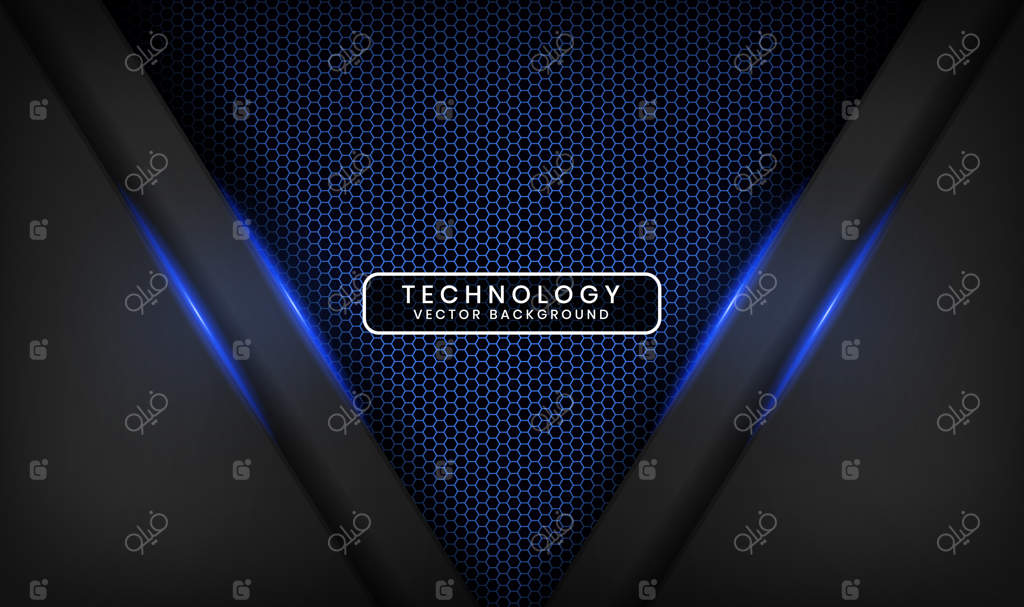 پس‌زمینه فناوری سیاه سه‌بعدی با افکت نور آبی در فضای تاریک