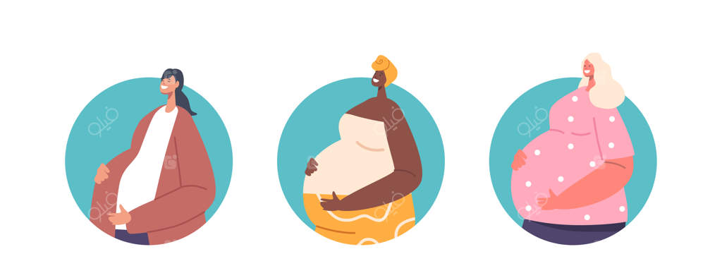 مفهوم بارداری و مادری با آیکون‌ها یا آواتارهای متنوع مادران باردار از ملیت‌های مختلف