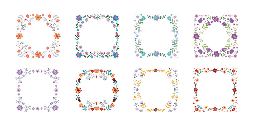 مجموعه‌ای از قاب‌های سنتی با گل و برگ: حاشیه‌ای طبیعی برای کارت تبریک یا دعوتنامه، به سبک اسکاندیناویایی.