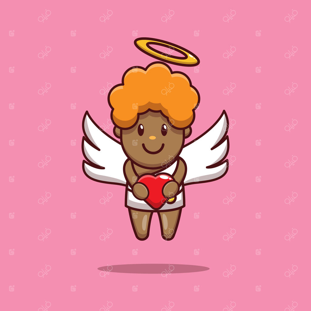 طراحی کیوپید با موهای افرو و قلب در دست