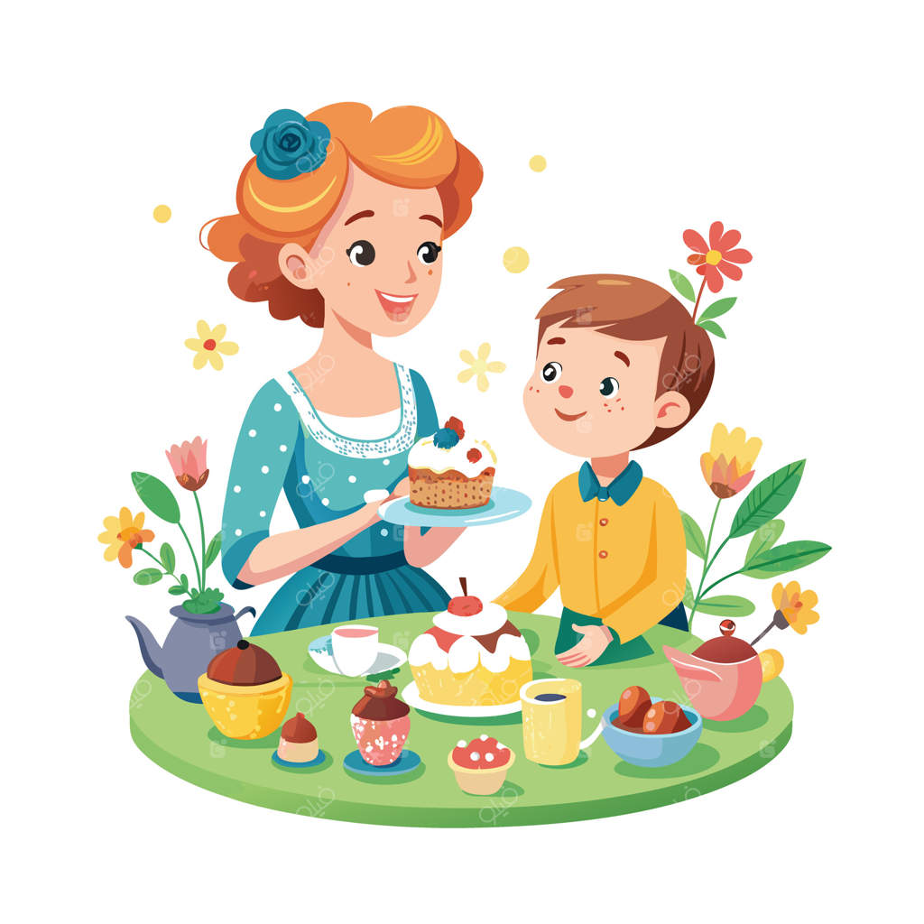 چای‌خوری شاد مادر و پسر در باغچه کوچک و خیال‌انگیز